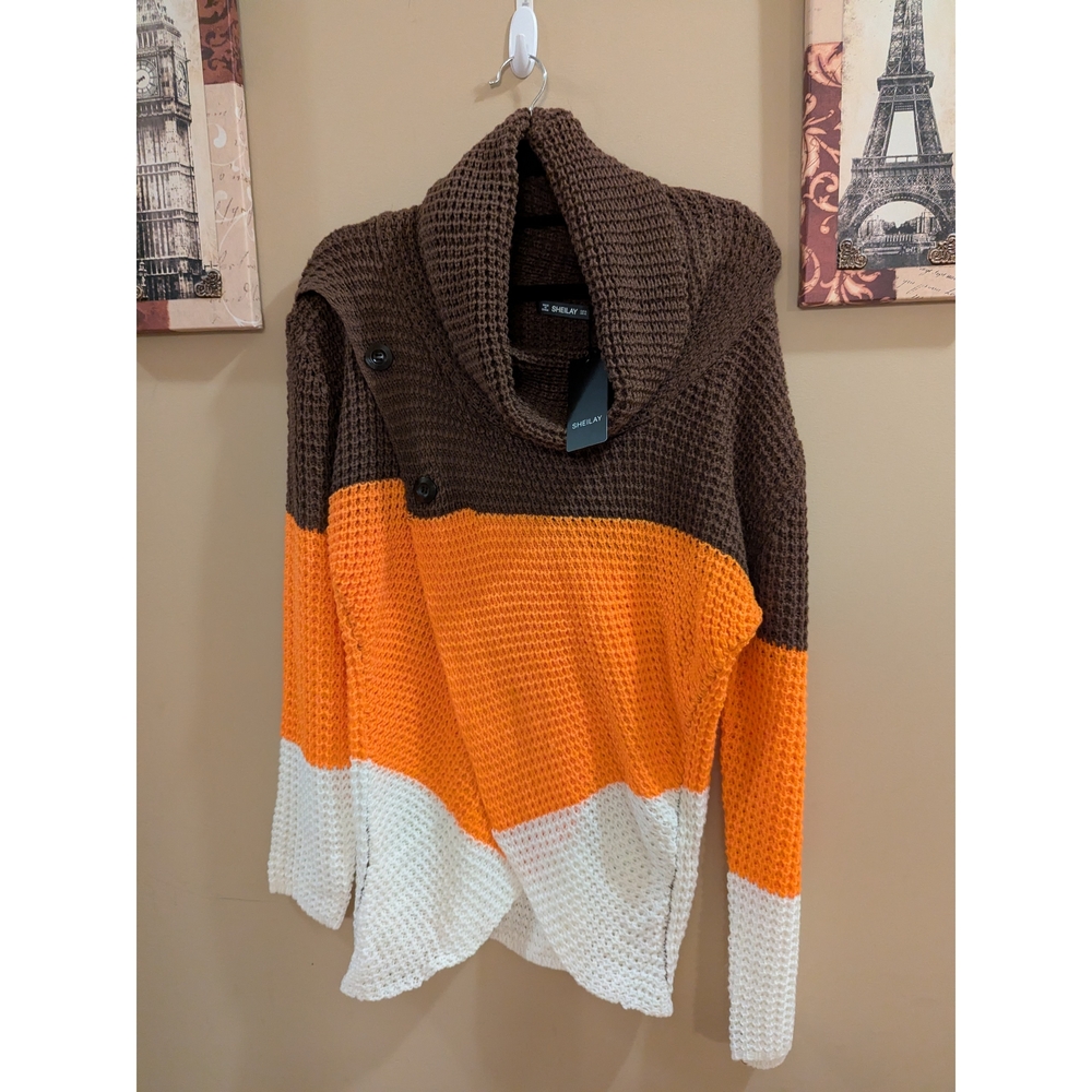 Chic Cowl Neck Sweater in Brown, Orange, and White